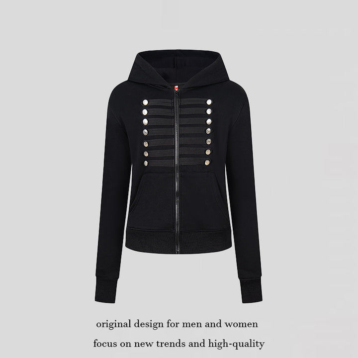 Damen Kapuzen-Sweatjacke mit dekorativer Militär‑Bortenleiste und Zierknöpfen Drune