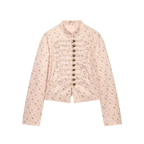 Damen Kurz geschnittene Satin-Militärjacke mit dekorativen Froschverschlüssen und Blumenprint Drune