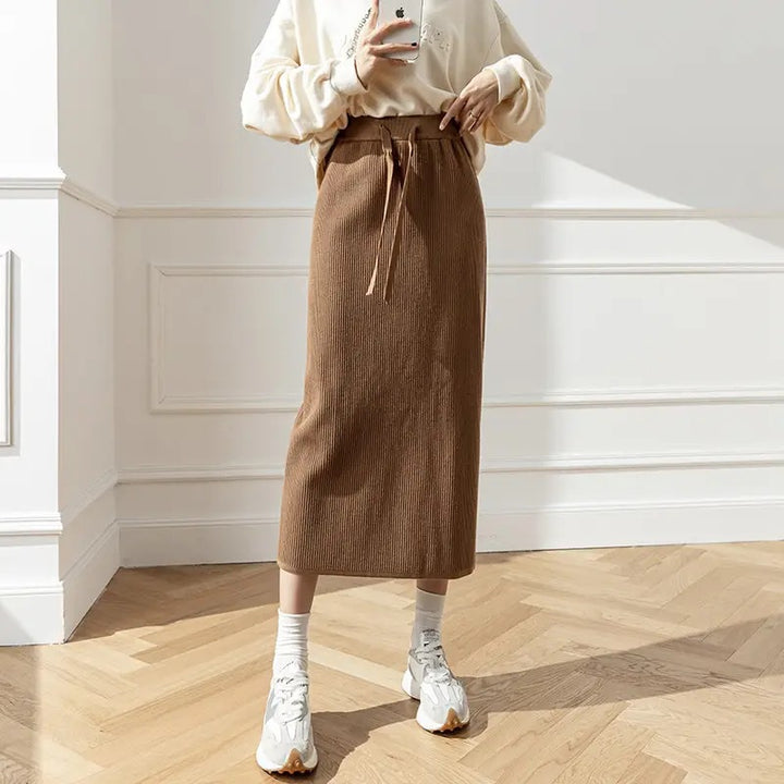 Damen Eleganter Rippstrick-Midirock mit Bindegürtel Drune