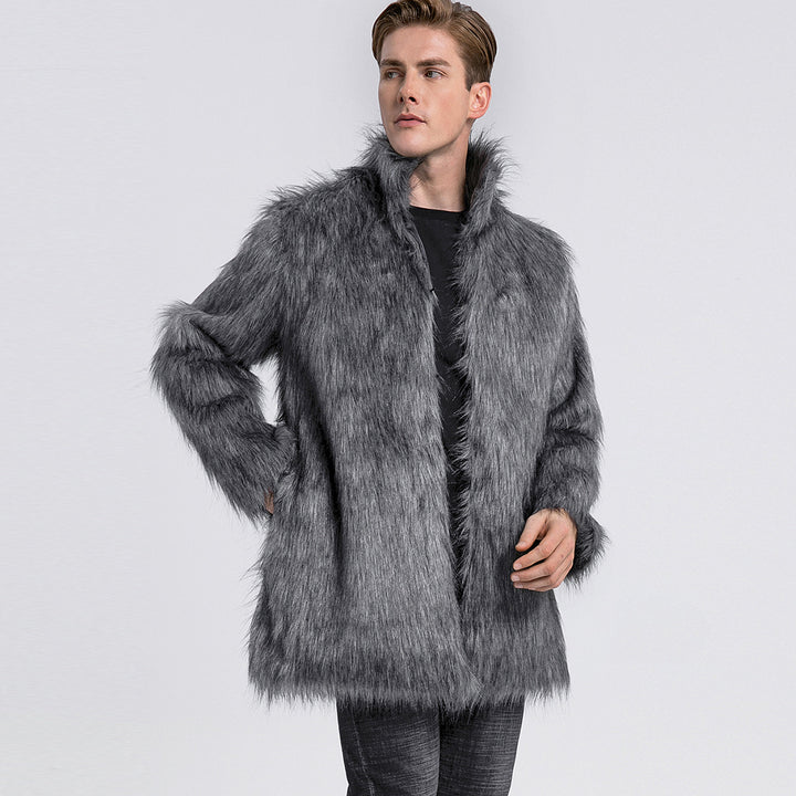 Herren Eleganter Kunstfell-Mantel mit weitem Kragen Drune