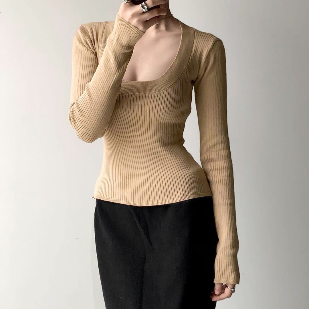 Damen Enganliegendes geripptes Langarmshirt mit tiefem U-Ausschnitt Drune