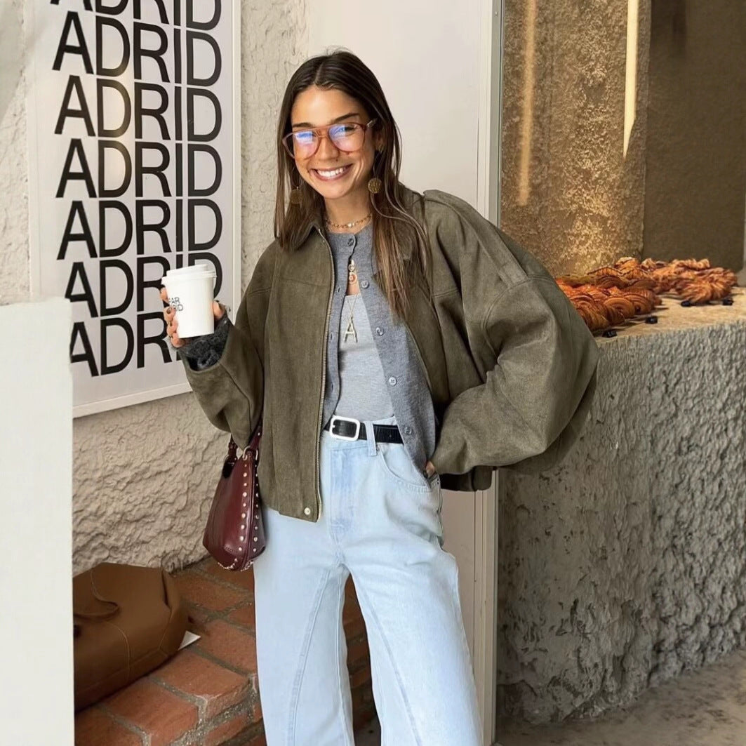 Damen Kurze Boxy‑Jacke im Oversize Wildleder‑Look mit Ballon‑Saum Drune
