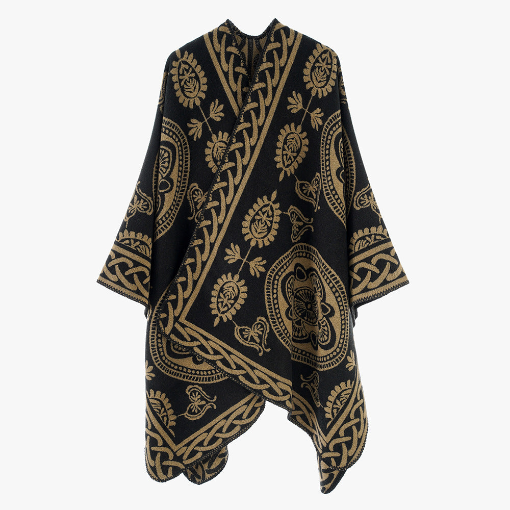 Damen Oversize-Cape mit ornamentalem Jacquard und asymmetrischem Zipfelsaum Drune