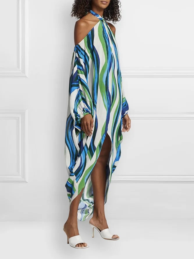 Damen Maxikleid mit asymmetrischem Saum und modischen Streifen Drune