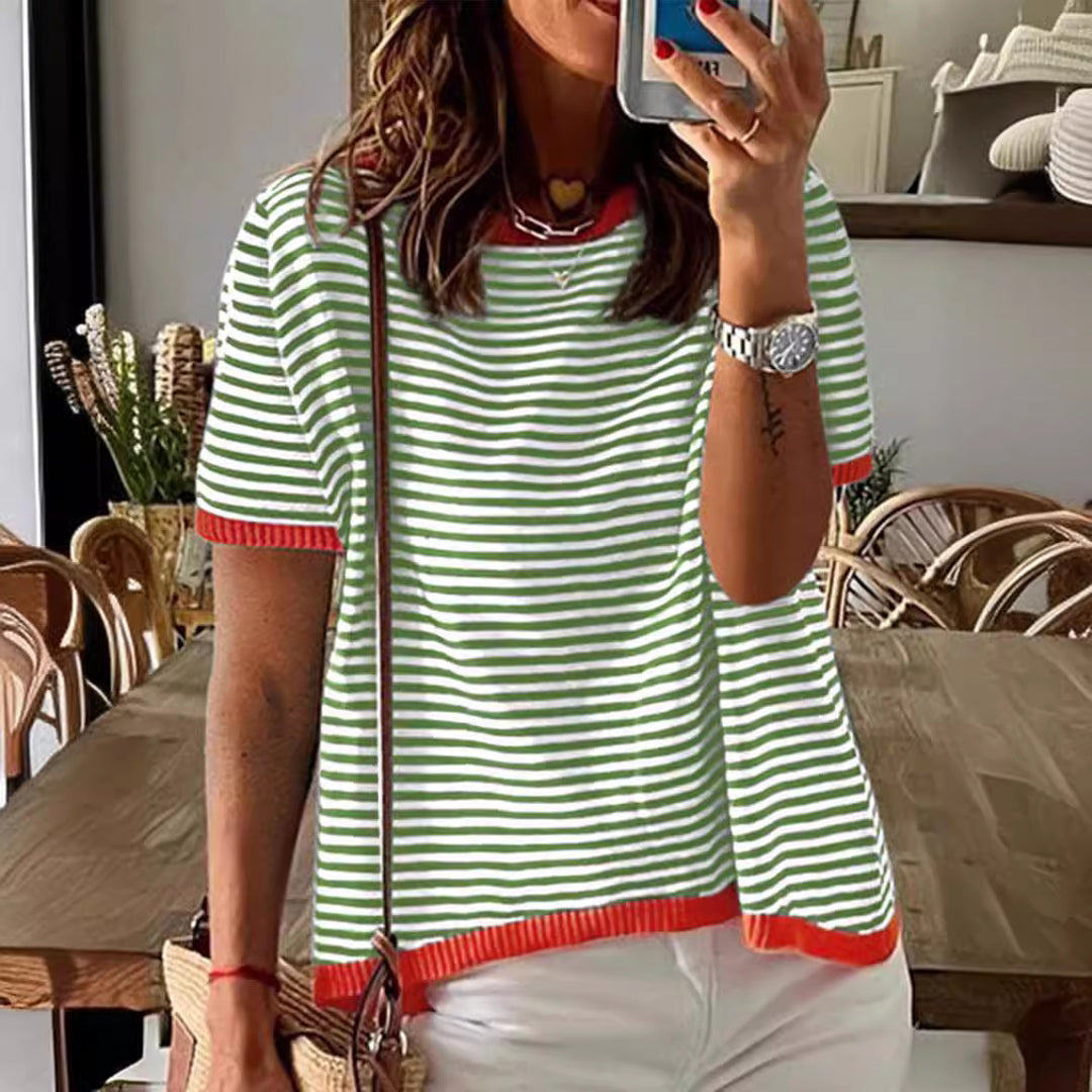 Damen gestreiftes Kurzarmshirt mit kontrastierenden Bündchen und weichem Material Drune