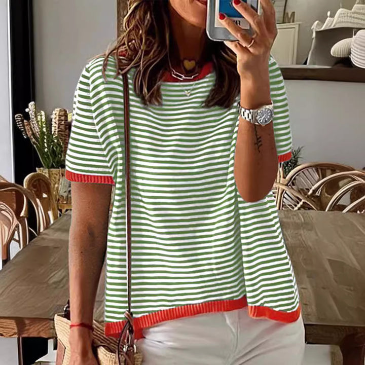Damen gestreiftes Kurzarmshirt mit kontrastierenden Bündchen und weichem Material Drune
