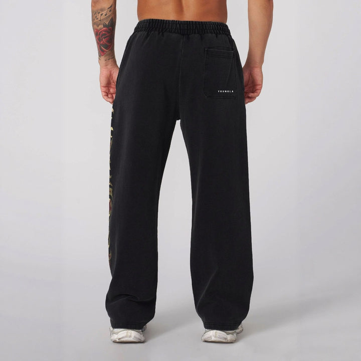 Herren nan weite Jogginghose mit elastischem Bund, Seitentaschen und detailreichem Schädel- und Rosenmotiv Drune