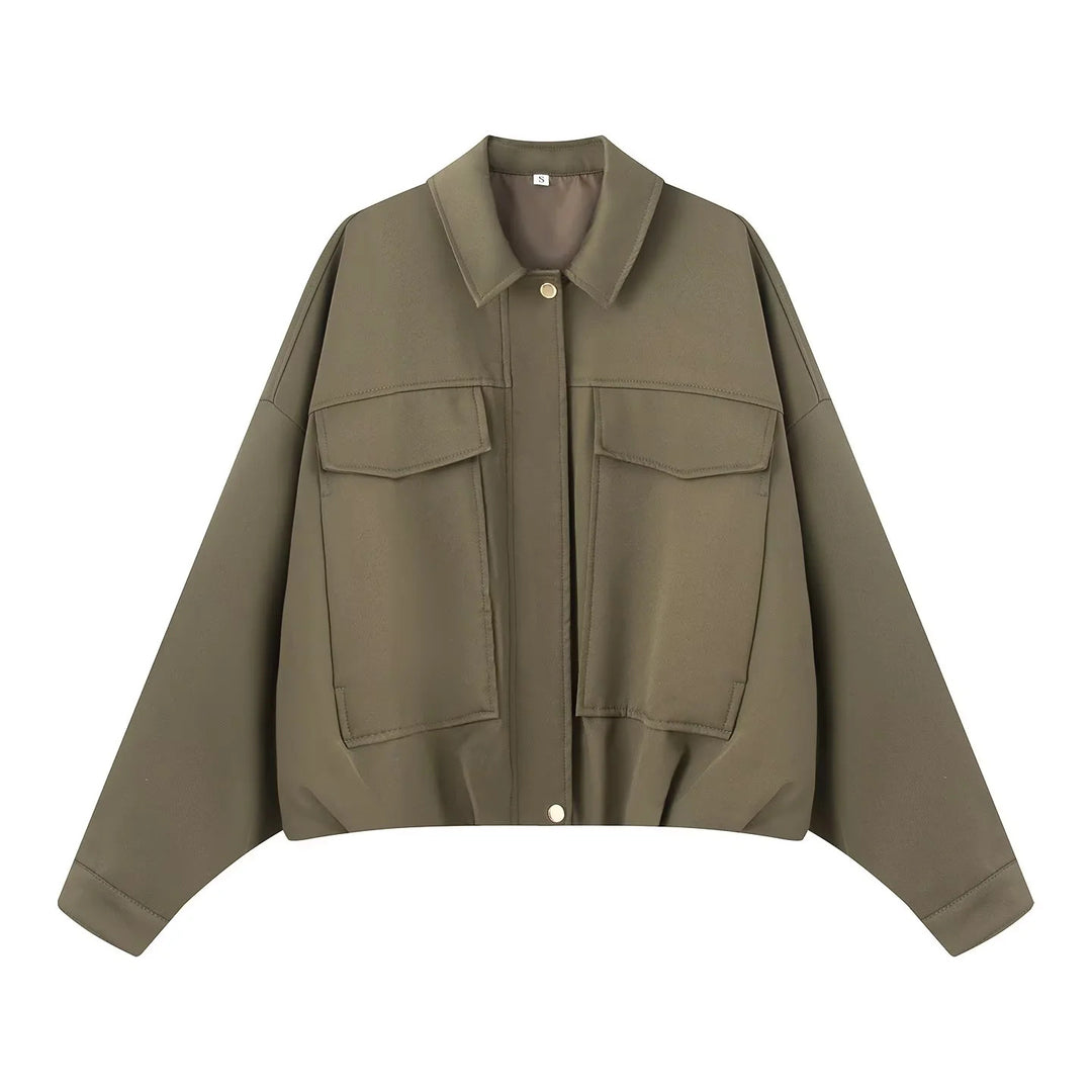 Damen nan cropped Overshirt-Jacke mit überlanger Ärmelpartie, großen Pattentaschen und verdeckter Druckknopfleiste Drune