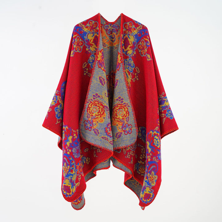 Damen Jacquard-Poncho aus Wollmix mit floraler Musterung und Kettelkante Drune