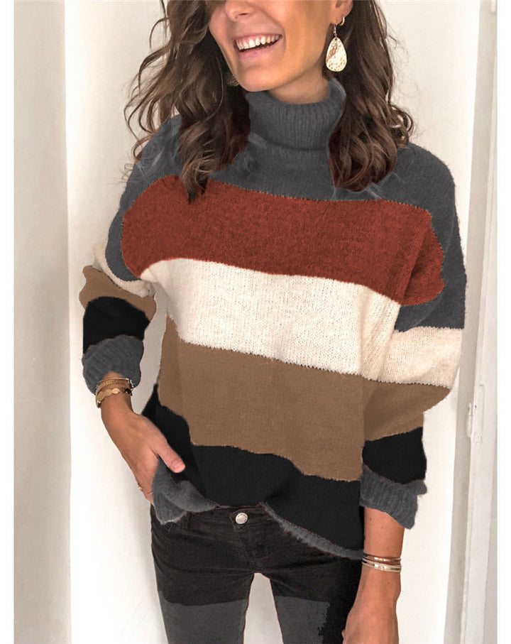 Damen Oversize Rollkragenpullover mit breiten Blockstreifen und weichem Strick Drune