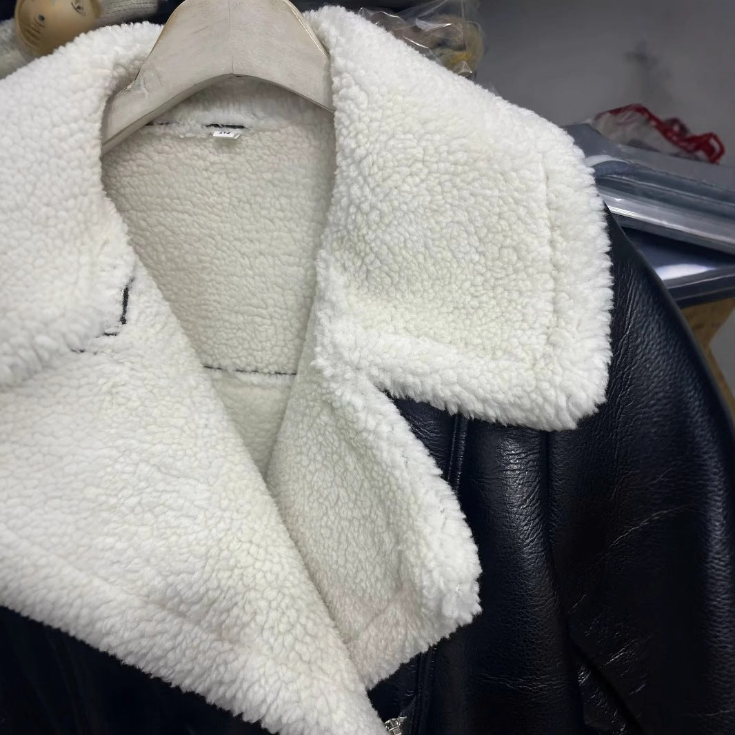 Damen nan kurzes Kunstleder-Fliegerjacke mit Teddyfutter und übergroßem Schalkragen Drune