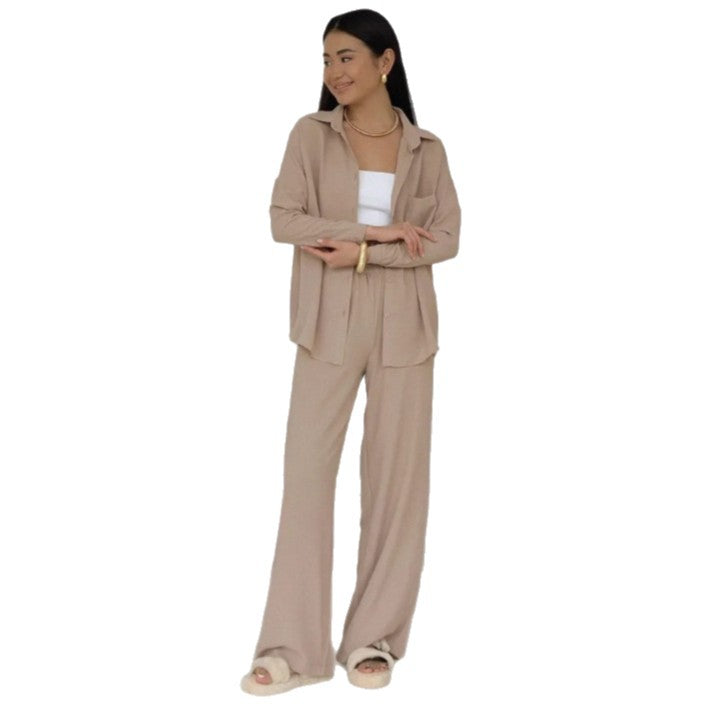 Damen Elegantes Lounge-Set aus weichem Stoff mit Hemd und weitem Hosen Drune