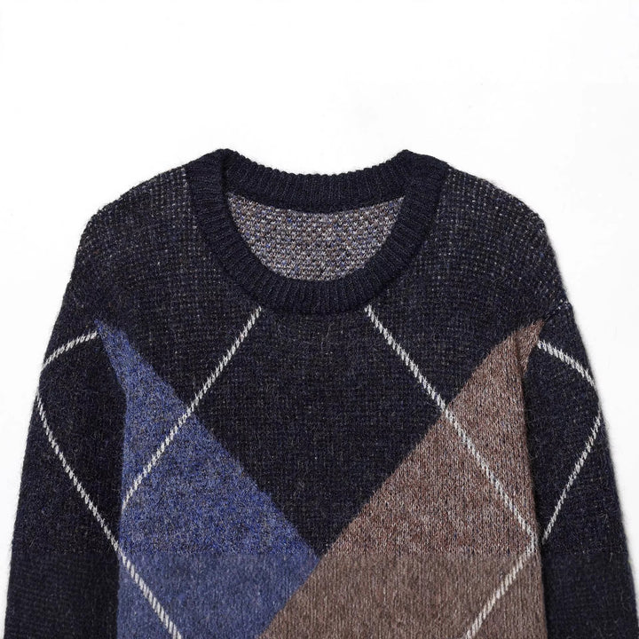 Damen nan kurz geschnittener Argyle-Strickpullover mit Rundhals, Raglanärmeln und geripptem Bund Drune
