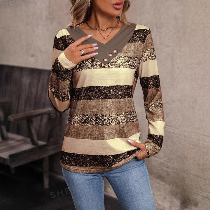 Damen modischer V-Ausschnitt Pullover mit Glitzerstreifen und Knopfdetails Drune