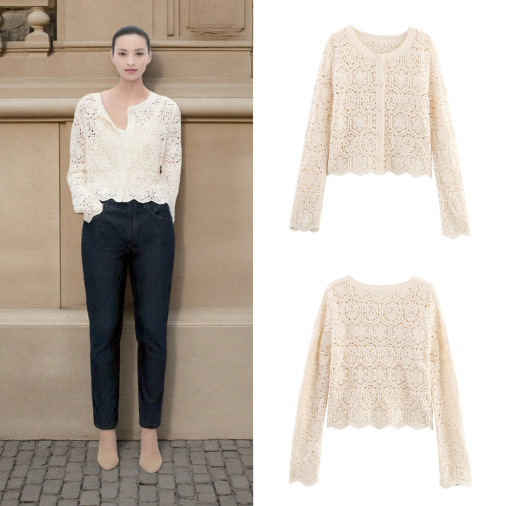 Damen lässige Strickjacke mit floralem Lochmuster und Knopfleiste Drune