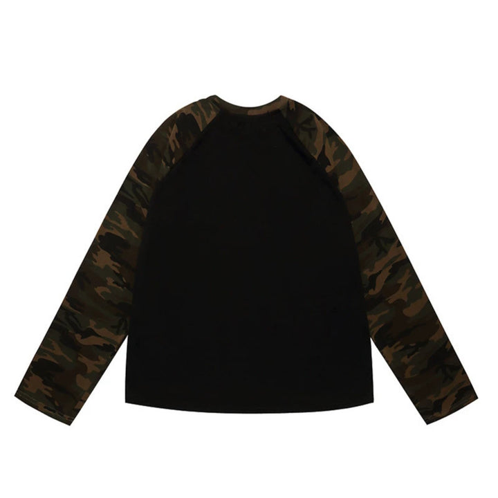 Damen Langarmshirt mit Camouflage‑Raglanärmeln und Strass‑Logoprint Drune