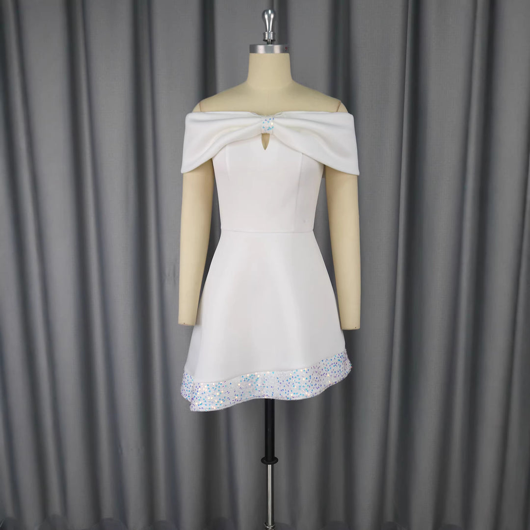 Damen Elegantes Cocktailkleid mit Off-Shoulder Design und verzierter Schleife Drune