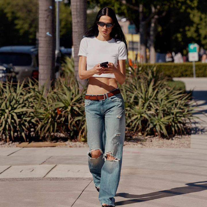 Damen High‑Waist Schlagjeans mit Destroy-Effekt und ausgefranstem Saum Drune