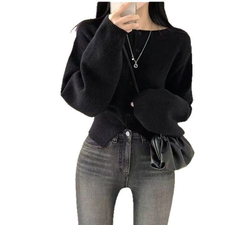 Damen Cropped Strickjacke mit Knopfleiste und oversized Ärmeln Drune