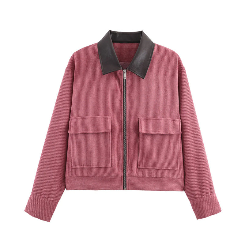 Damen nan Kordjacke mit Lederkragen, durchgehendem Reißverschluss und aufgesetzten Klappentaschen Drune