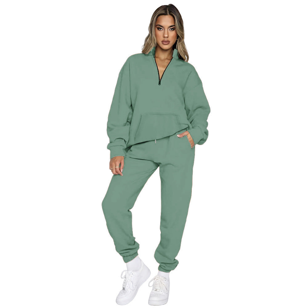 Damen nan French‑Terry Relax‑Loungewear‑Set mit halbem Reißverschluss, Kängurutasche und taillierter, schmal zulaufender Jogginghose Drune