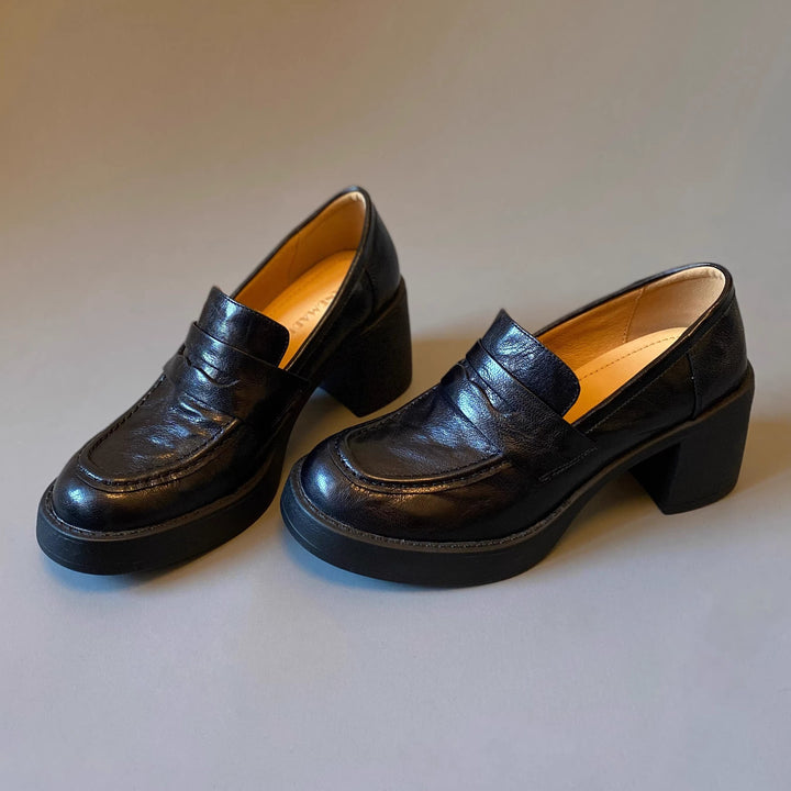 Damen Hochabsatz-Pennyloafer mit massivem Blockabsatz und profilierter Sohle Drune
