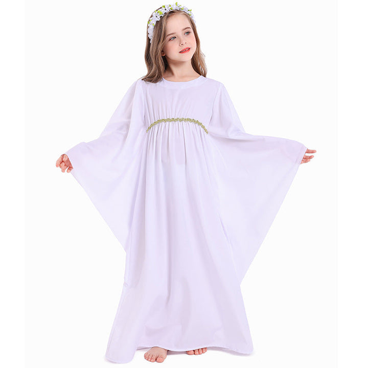 Mädchen märchenhaftes Kleid mit weitem Ärmeln und floralem Gürtel Drune
