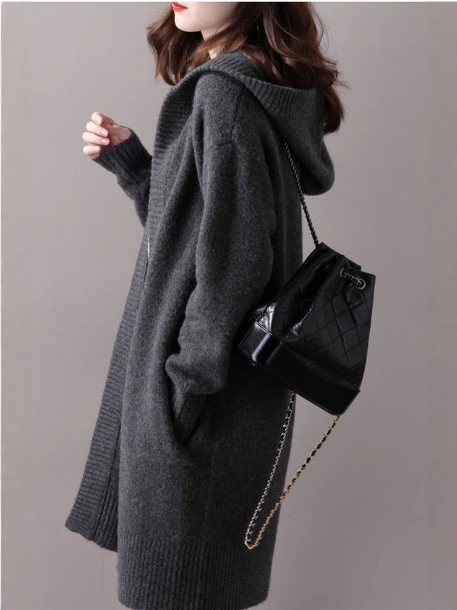 Damen Oversize Kapuzencardigan im Kaschmir‑Look mit offenem Fall und breiter Rippe Drune