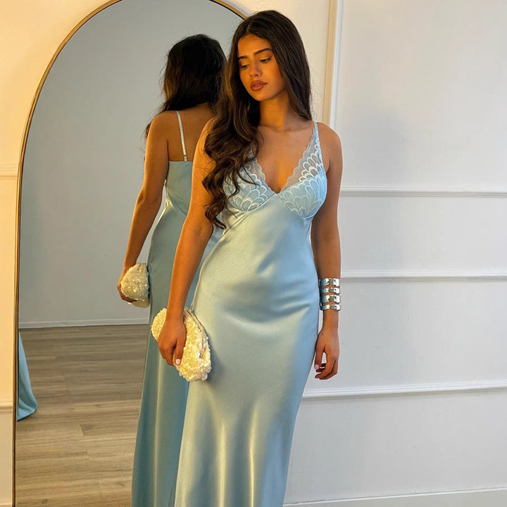 Damen Elegantes Seiden-Maxikleid mit Spitzenverzierung Drune