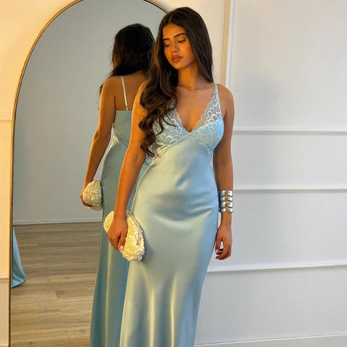 Damen Elegantes Seiden-Maxikleid mit Spitzenverzierung Drune