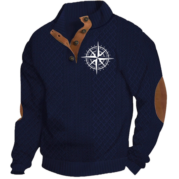 Herren nan Heritage-Strukturpullover mit Stehkragen Lederimitat-Besatz Ellenbogen-Patches und Halbknopfleiste Drune