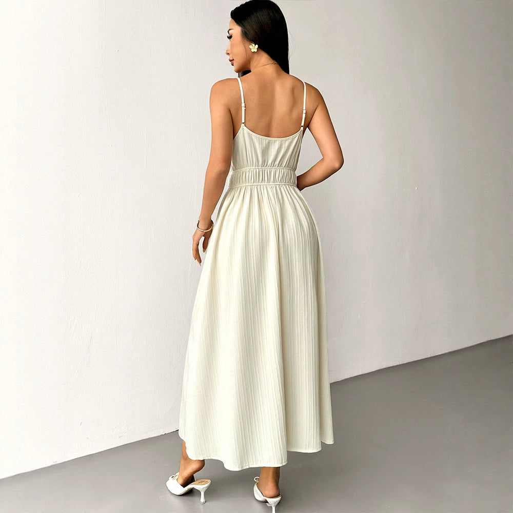 Damen Maxikleid mit verstellbaren Spaghettiträgern und elastischem Taillenbund Drune