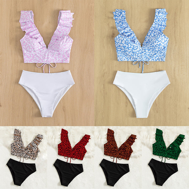 Damen Triangel-Bikini mit modischem Leopardenmuster und Rüschendetails Drune
