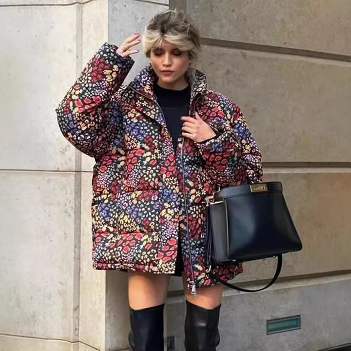 Damen nan gemusterte kastige Kurzjacke mit Stehkragen, verdeckter Knopfleiste und 3/4-Ärmeln Drune