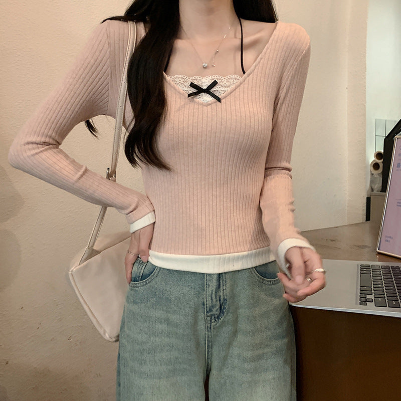 Damen Langarmshirt mit V-Ausschnitt und Spitzenakzenten Drune