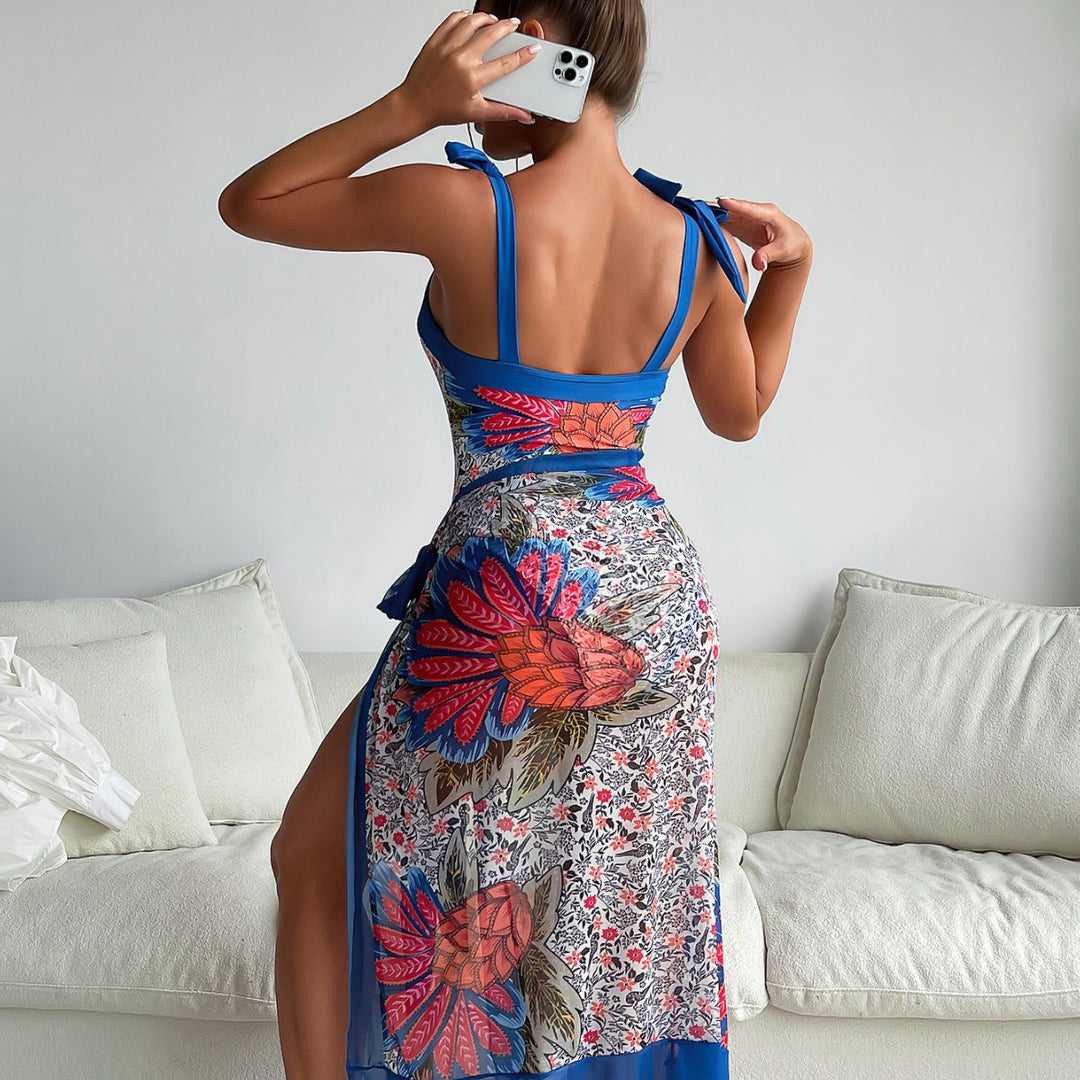 Damen Eleganter und komfortabler Blumendruck-Badeanzug mit passendem Wickelrock Drune