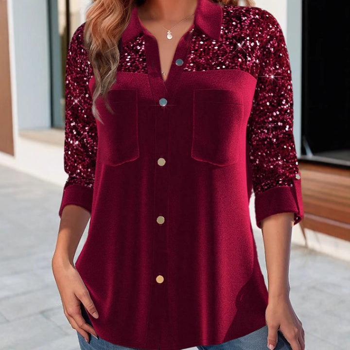 Damen nan Paillettenbesetzte Tunika-Bluse mit Hemdkragen, Brusttaschen und legerer Passform Drune