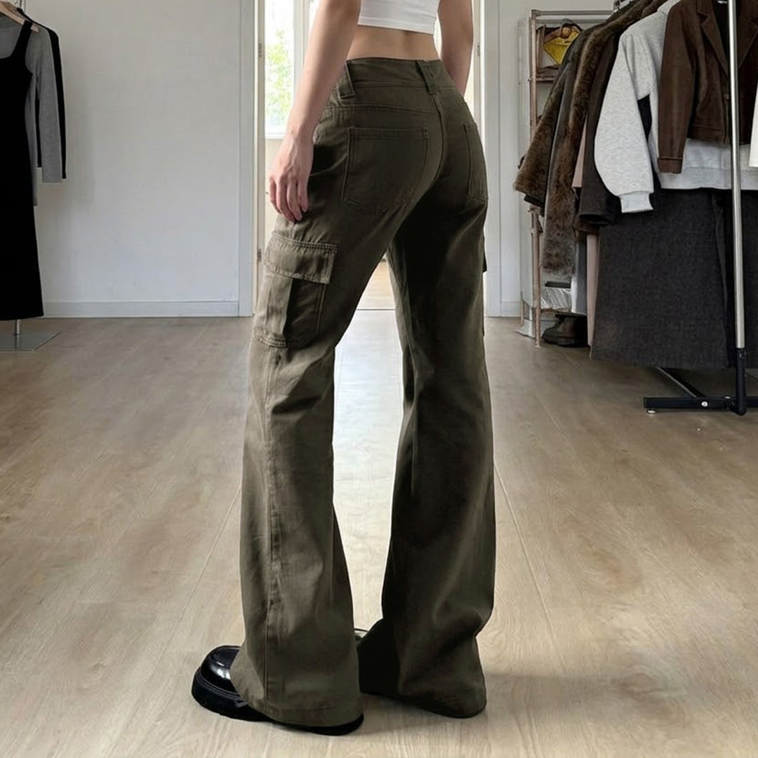Damen nan Cargo-Flared-Hose mit hochgeschnittener Taille, aufgesetzten Beintaschen und ausgestelltem Bein Drune