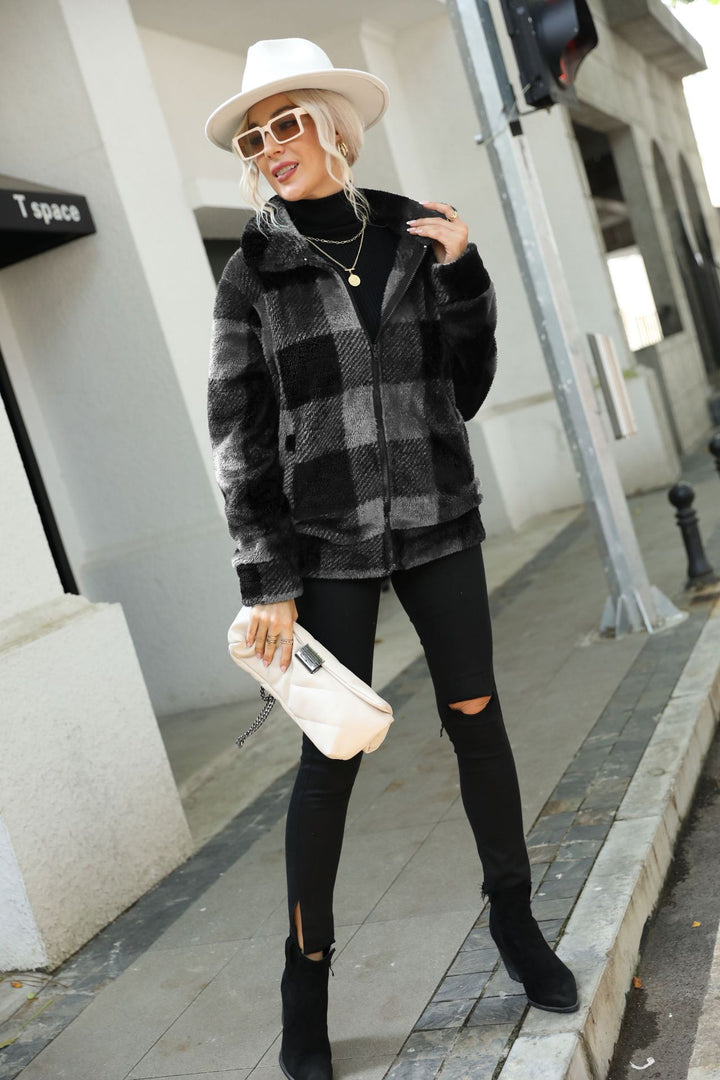 Damen Plüsch-Hoodiejacke mit trendigem Karomuster und praktischen Reißverschlusstaschen Drune