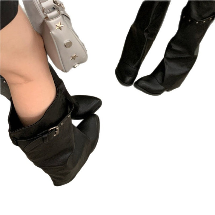 Damen Weiche Oversized Slouch-Overknee‑Stiefel mit verstellbarem Nieten‑Schnallenriemen Drune