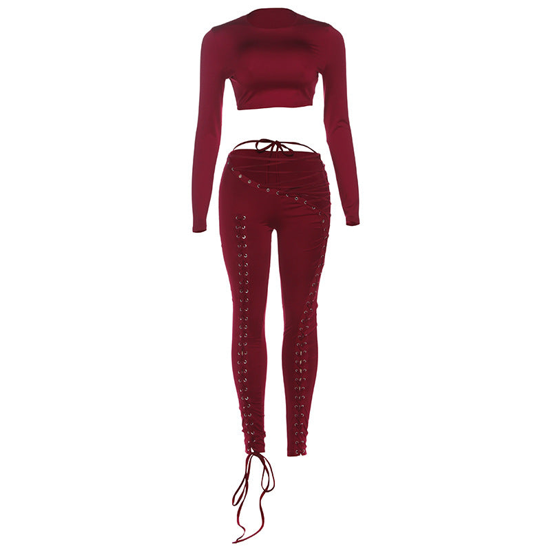 Damen Crop-Top und Hoch geschnittene Leggings mit Schnürdetails Drune