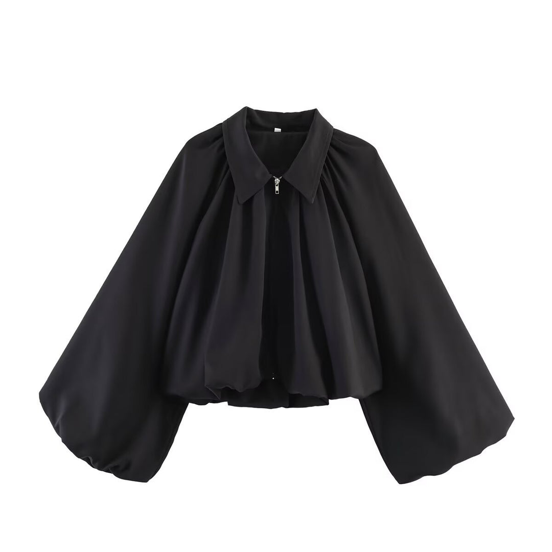 Damen Cropped-Blusenjacke mit voluminösen Ballonärmeln und Reverskragen Drune