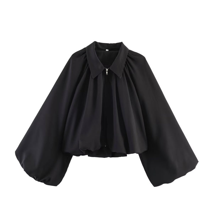 Damen Cropped-Blusenjacke mit voluminösen Ballonärmeln und Reverskragen Drune