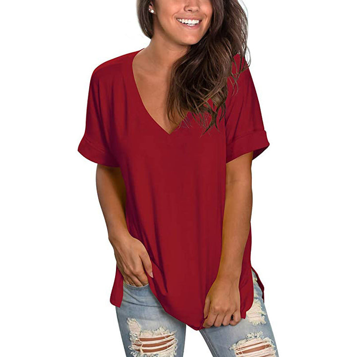 Damen V-Ausschnitt T-Shirt mit lässigem Schnitt und umgeschlagenen Ärmeln Drune