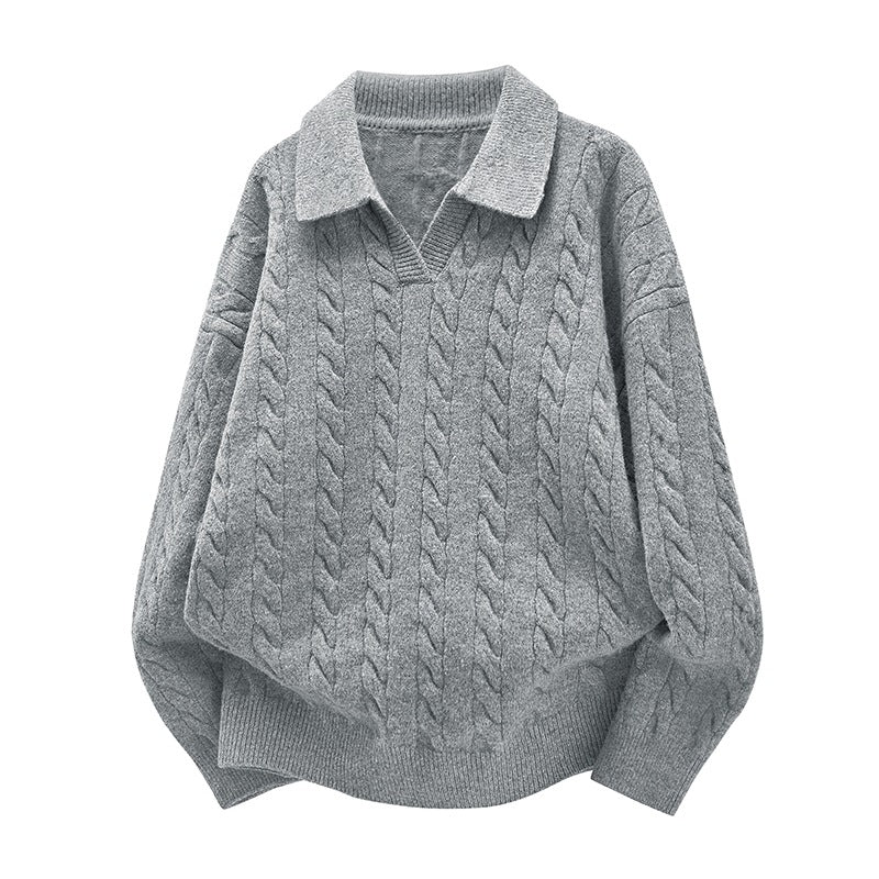 Damen Oversize Kabelstrick-Polo-Pullover mit V‑Ausschnitt und geripptem Saum Drune