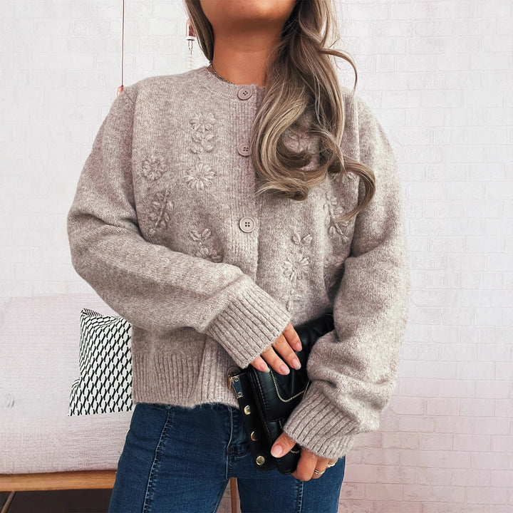 Damen lockerer Strickcardigan mit floralen Applikationen und Knopfdetails Drune