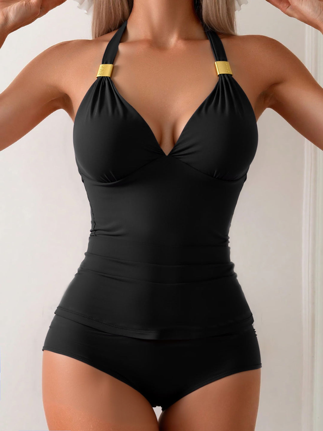 Damen Eleganter Tankini mit Halterneck und Goldakzenten Drune