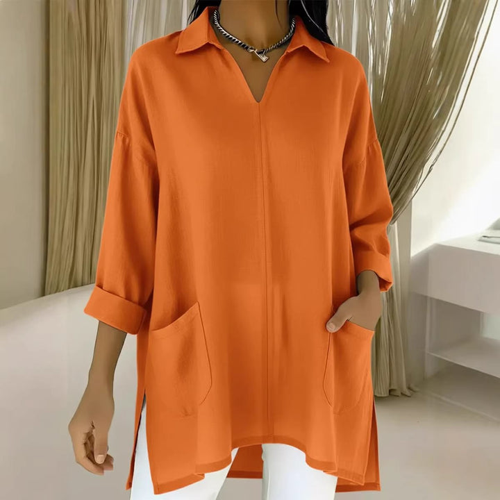 Damen Oversize-Tunika mit Hemdkragen, V-Ausschnitt und aufgesetzten Taschen Drune