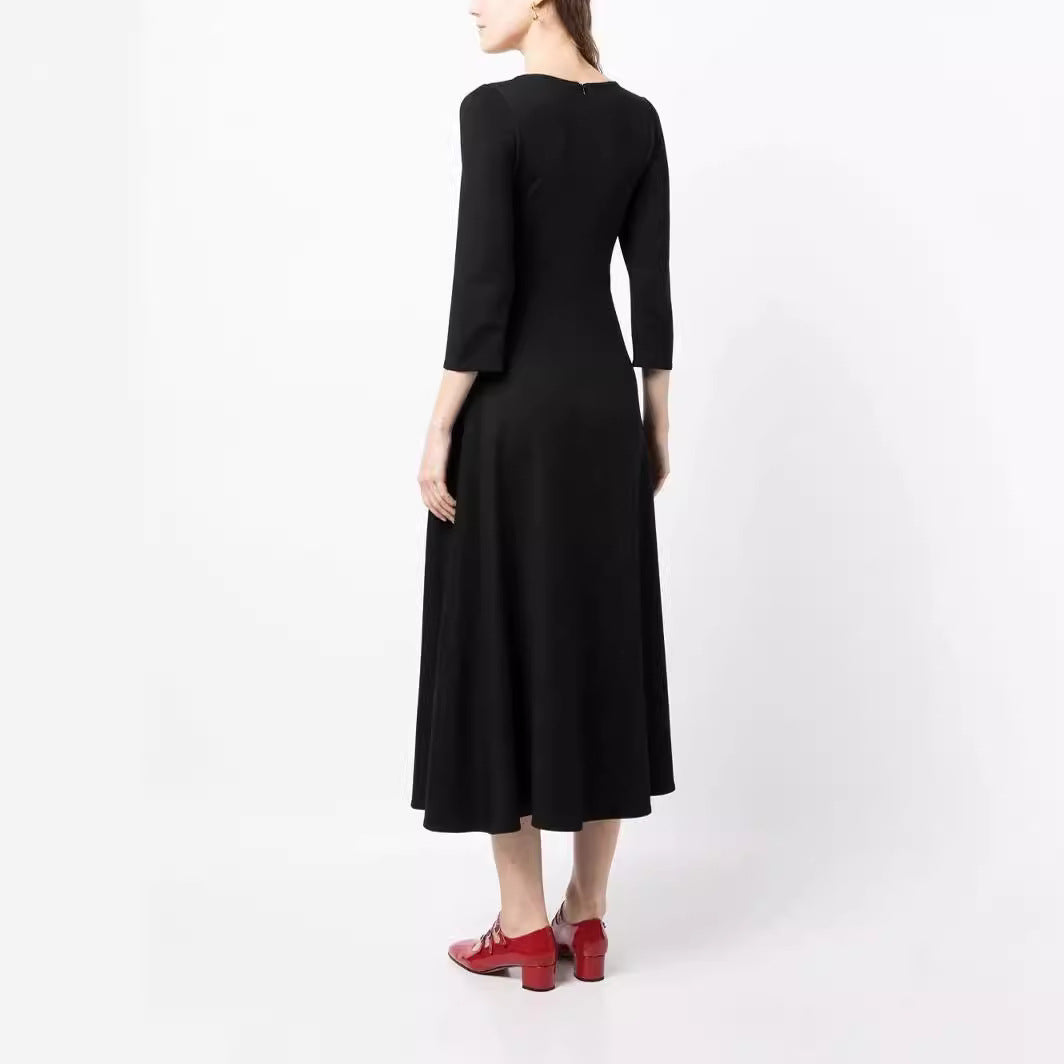 Damen Elegantes Midikleid mit tailliertem A-Linien-Schnitt und dreiviertel Ärmeln Drune