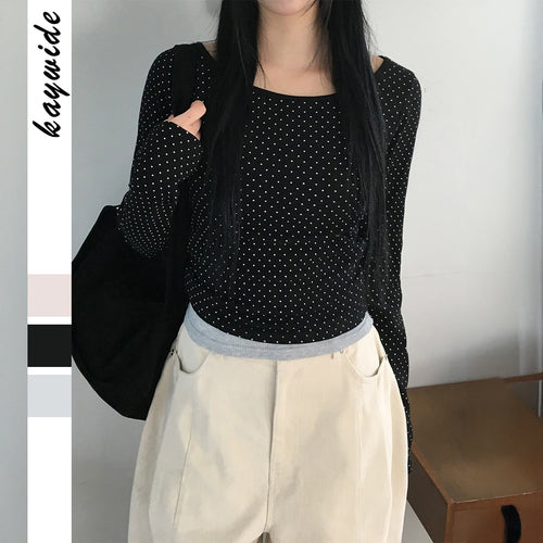 Damen nan geripptes Crop-Longsleeve mit feinem Pünktchenmuster und U-Ausschnitt Drune